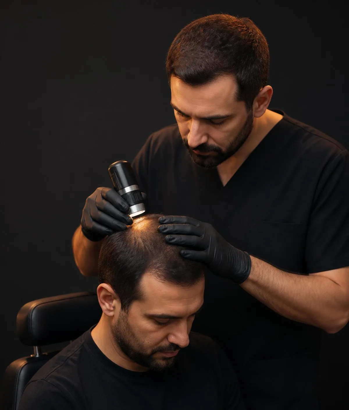 Illustrative consultation image of a medical practitioner examining a patient's scalp with a dermatoscope during consultation